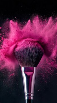 A makeup brush releasing a cloud of vibrant pink powder against a dark background.