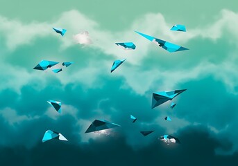 Fototapeta premium Abstract geometric origami planes soar through a serene cloudy skyline