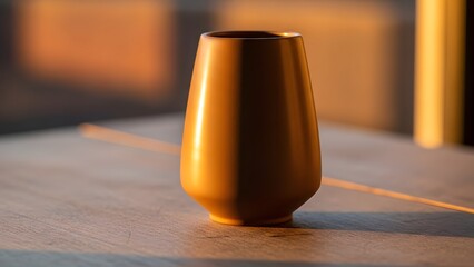 Elegantly Crafted Vase Bathed in Warm Light on a Wooden Surface, Minimalist Home Decor: A Golden Hour Moment Captured in Still Life