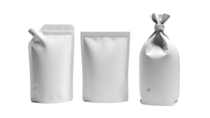 Three blank white packaging pouches on a black background for mockup