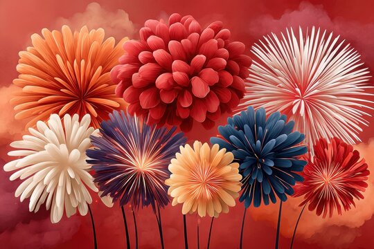 Vibrant paper flowers and fireworks against a warm red background for celebration and festivity