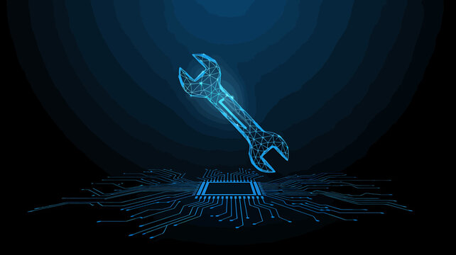 Digital Technology Repair Service Abstract Illustration with Wrench and Circuit Board on Dark Blue Background Representing Technical Support and System Maintenance