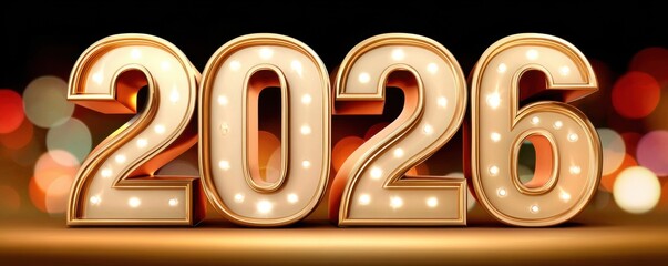 Gold illuminated 2026 numbers on a dark background with colorful bokeh for festive year celebration