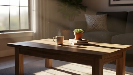 Serene Morning Still Life with Coffee, Succulent, and Books, Warm Light and Gentle Shadows in a Cozy Living Room