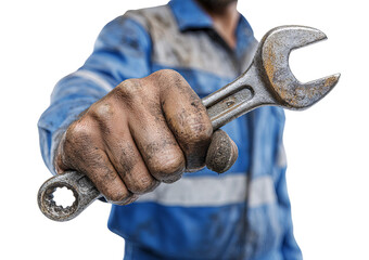 Dirty hand holding wrench in blue overalls isolated on a transparent background