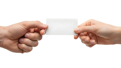 Two hands exchanging a blank white business card on black background