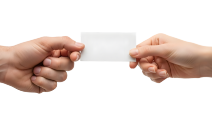 Two hands exchanging a blank white business card on black background