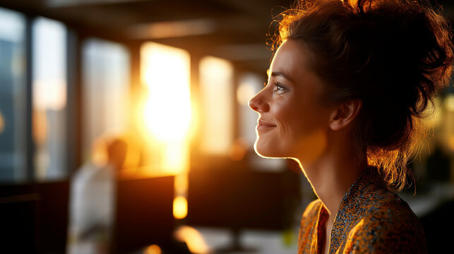 Profile silhouette of cheerful intelligent faceless web designer person sitting in chair creating project in open space workplace indoors, positive development atmosphere, modern o - Powered by Adobe