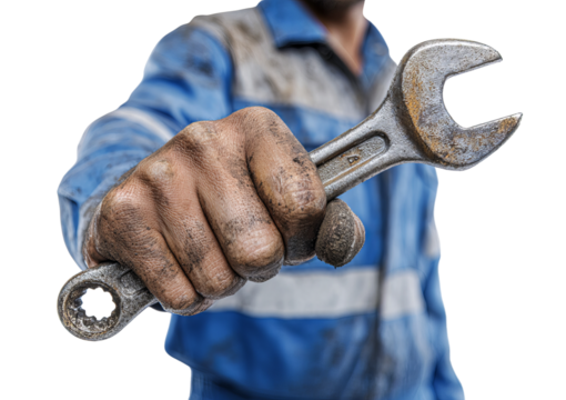 Dirty hand holding wrench in blue overalls isolated on a transparent background - Powered by Adobe