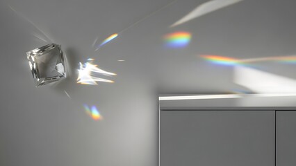 Prismatic Cube and Rainbow Light Display on Wall, Optical Phenomenon with Geometric Crystal on Gray Surface