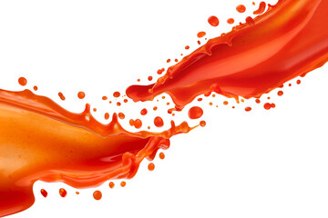 Streams of fresh red tomato juice connect with dynamic splashes, flying drops, isolated. Healthy organic drink for design of detox diet menu, fitness cuisine or restaurant, card, poster, flyer.