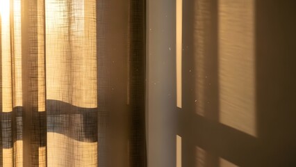 Sun-Drenched Sheer Curtains Casting Shadow Patterns,Golden Light Filtering Through Textured Fabric and Interior Wall