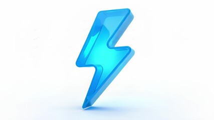 Dynamic bright blue glass lightning bolt icon rotating over white background