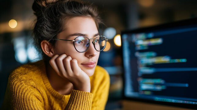 Young female faceless genius programmer looking through data analyzing software or network interface, nerdy computer programmer stereotype, concentrated software developer, coding