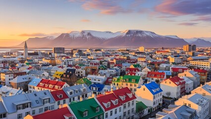 Vibrant cityscape of Reykjavik featuring colorful houses under a beautiful sunset sky, framed by snow-capped mountains and a tranquil bay.