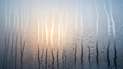 Close-up of Moisture on Glass, A Rain-Streaked Window Offers an Abstract View of a Pale Sky at Sunset
