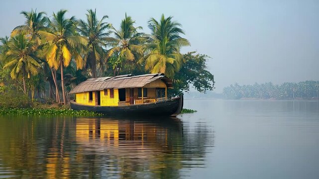 traditional house boat on tranquil lake in kerala backwaters video