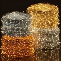 A vibrant display of tightly coiled string lights, radiating a warm