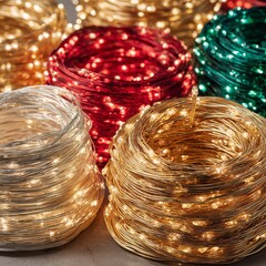 Vibrant coils of festive lights gleam with radiant hues