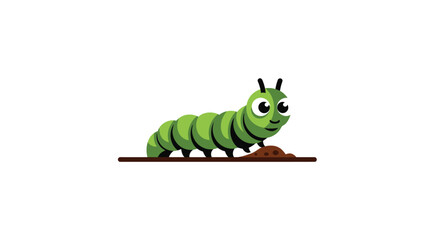 Smiling green cartoon caterpillar crawls on brown ground