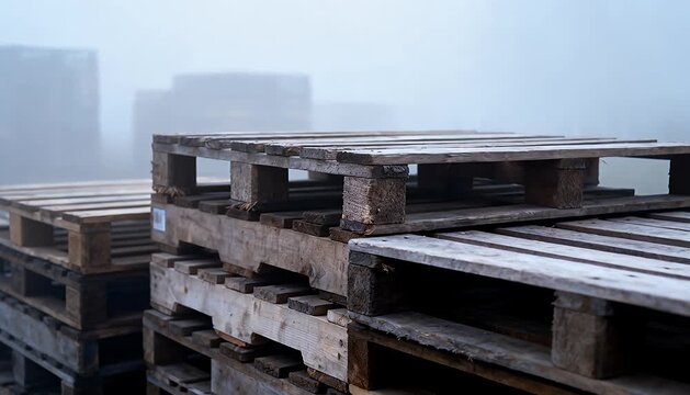 Stacked wooden pallets in a foggy outdoor industrial yard storage area for cargo transport shipping., stack.
