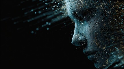 Mindful Resonance: An artistic portrayal of a person's profile, interwoven with particle effects, evoking themes of introspection, technology, and the intricacies of the human experience.