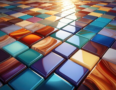 Array Of Square Tiles In Various Colors And Textures With Sunlight Reflecting On Surface