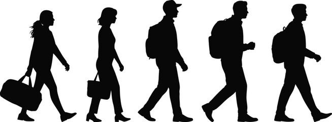 PrintBlack silhouettes vector illustration set of diverse people walking, passengers, travelers, or business commuters with bags and backpacks, urban transport.