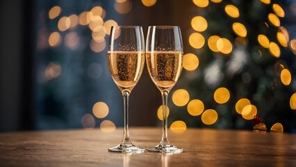 champagne glasses with golden bokeh lights on wooden table
