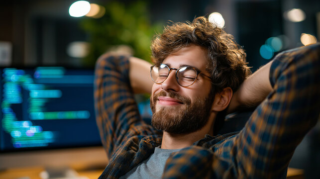 Happy relaxed defocused developer sitting laid back on chair feeling pleased about software development accomplishments in office, enjoying server programming success late at night