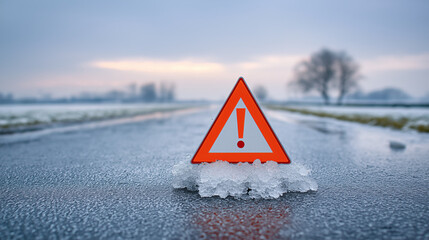 Warning sign on icy road