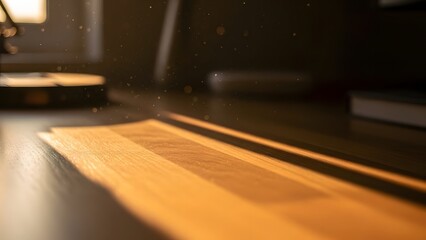 Warm Sunlight Dust Motes on Wooden Desk, Office Still Life With Golden Lighting and Floating Dust, Sunlight on Desk