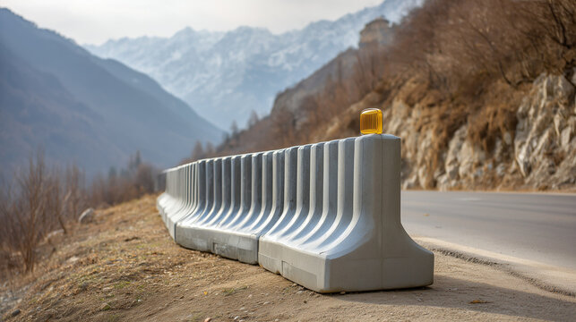 Concrete road safety barrier in natural gray on mountain road