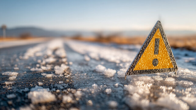 Frosty road sign with exclamation in close-up in yellow-white colors for caution