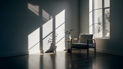 Minimalist Interior with Sunlight and Shadow, Modern Living Space with Natural Light and Accent Chair