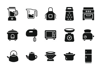 Cooking and Kitchen Appliance Vector Icons | Editable Stroke | Blender, Oven, Mixer, Toaster, Refrigerator, Microwave, Hand Mixer, Rice Cooker, Kettle, Colander
