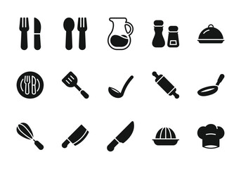 Title: Kitchen Tools Icon Set Black Silhouette Vector Illustration | Editable Stroke | Fork, Knife, Spoon, Spatula, Ladle, Rolling Pin, Whisk, Cleaver, Chef Hat, Citrus Juicer