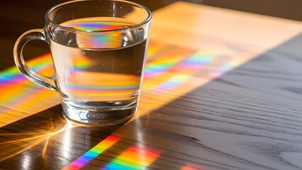 Prism Water Reflections: A Clear Mug Creates Rainbow Light on Wood, Abstract Light Refraction: Rainbow Colors Dance Around a Glass Mug on a Wooden Table