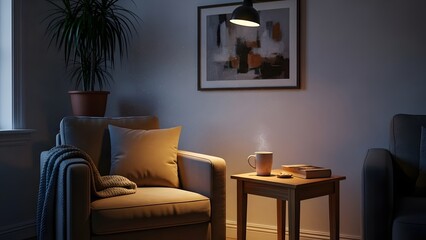 Cozy Reading Nook with Hot Drink and Blanket, Serene Evening Scene by the Window, Modern Armchair and Table with Book