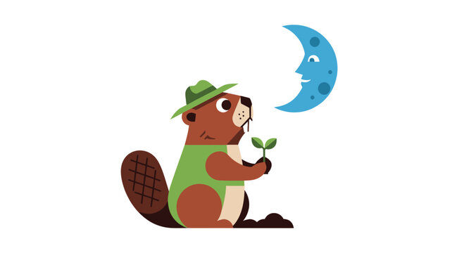 Cartoon beaver in a hat holds a seedling, with a moon-face above