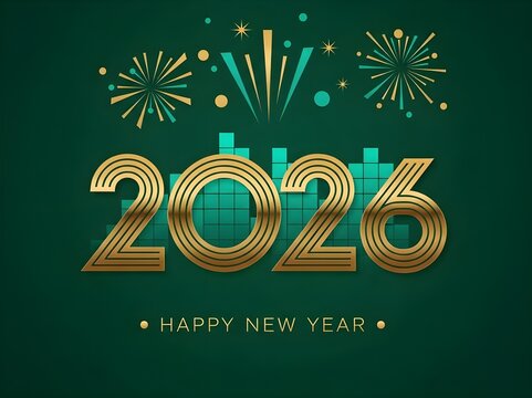 Vibrant Happy New Year 2026 celebration banner, featuring elegant golden numbers, festive fireworks, and a prosperous outlook for the future