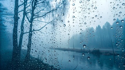 Raindrops on the window blue tone.
