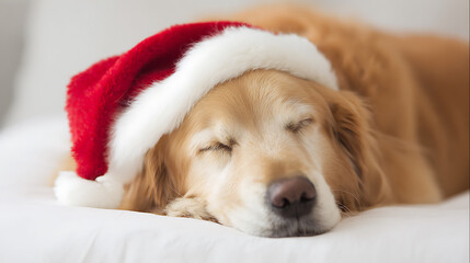 A golden retriever dog wearing a red and white hat, sleeping peacefully on a white surface. The dog has its eyes closed and appears to be relaxed, capturing a serene and festive moment.