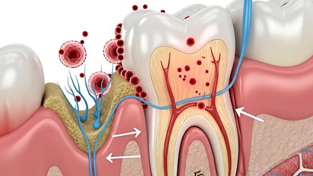 Animated teeth show gum disease and inflammation progression in a video sequence