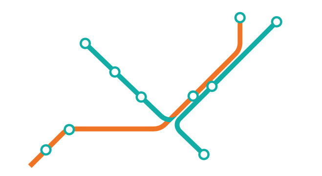 Minimalist abstract transit map with turquoise & orange lines, circle nodes on white