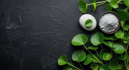 Fresh watercress and white turnips on a dark textured surface