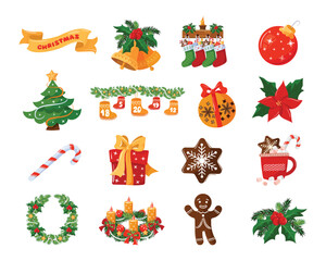 Christmas stickers set | Holiday decorations, festive ornaments, Christmas tree, wreath, gift box, candy cane, gingerbread man, stockings, hot chocolate, poinsettia, banner, star cookie