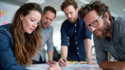 Four professionals engage in an energetic brainstorming session, sharing ideas and drawing colorful concepts on a large sheet in a bright office with natural light