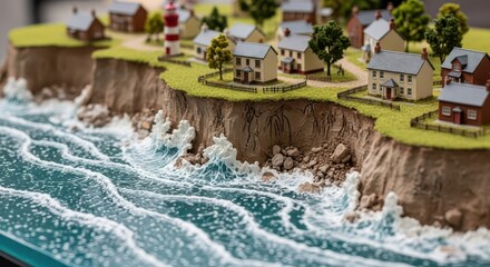 Miniature coastal village sits precariously atop eroding sea cliffs battered by ocean waves