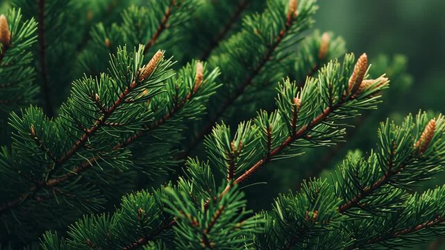 Lush Green Pine Tree Branches with Small Cones Swaying Gently in a Forest Closeup
